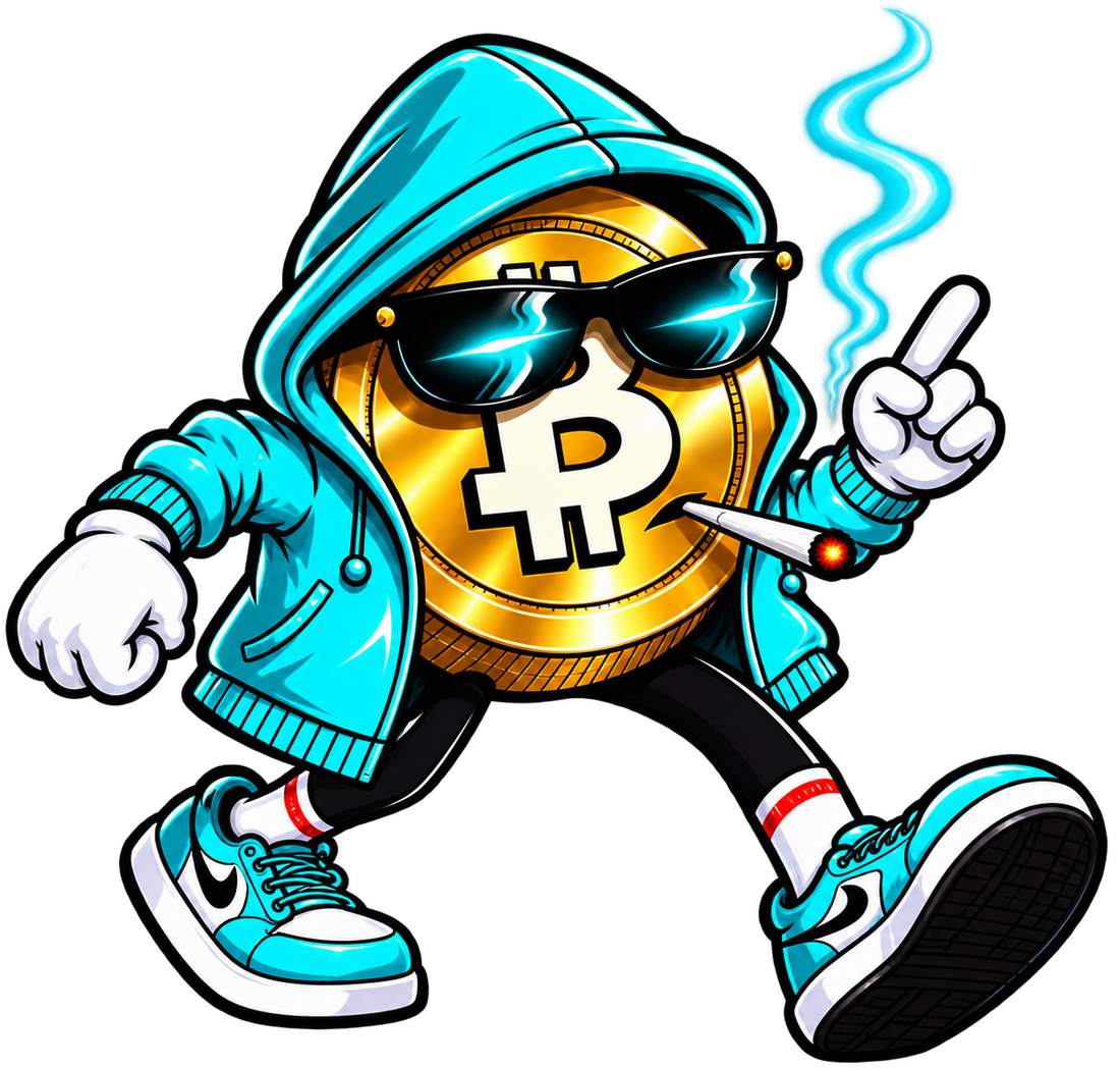 NEARLY BTC mascot: a gold bitcoin coin in a teal hoodie and sunglasses, walking
